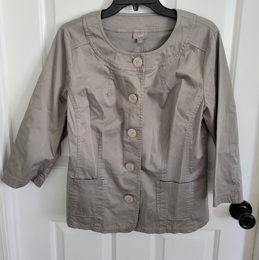 J. Jill Women’s Jacket Blazer Size 12 Gray Green Button Front Pockets 3/4 Sleeve